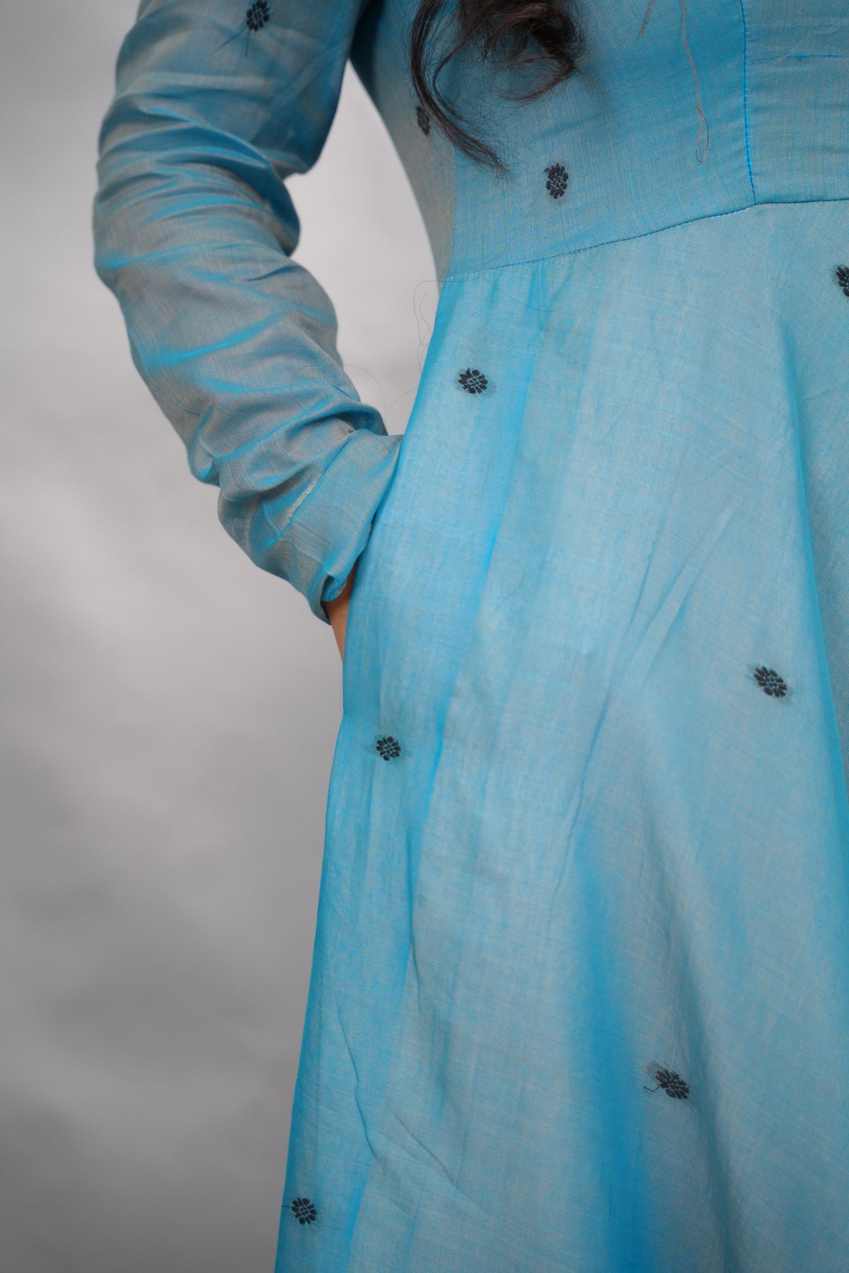 Sky Blue Ajrakh Patch Work Narayanpet Cotton Anarkali Dress with Ajrakh Modal Silk Dupatta | Looms & Tassels