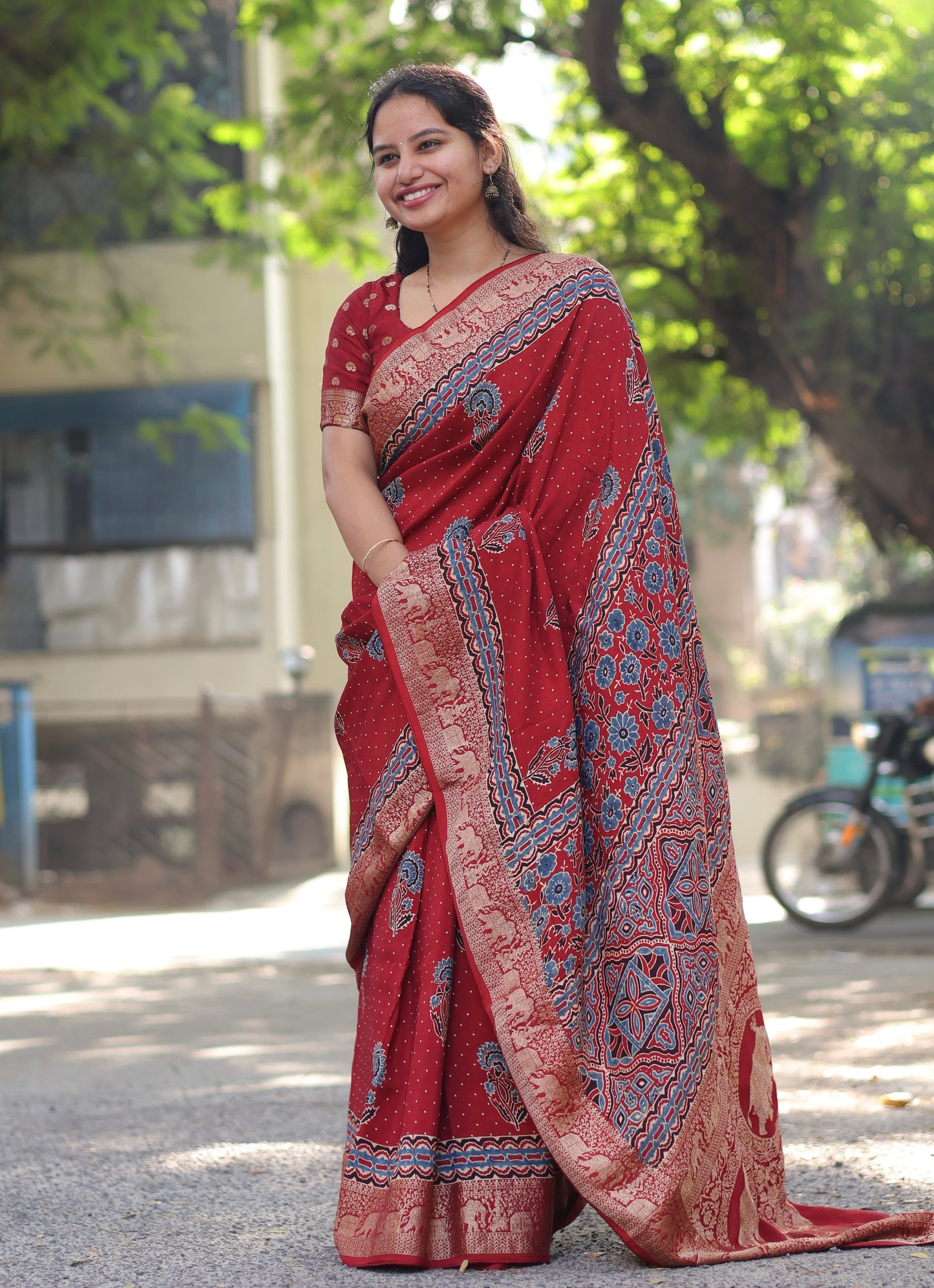 Red Ajrakh Dola Silk Saree