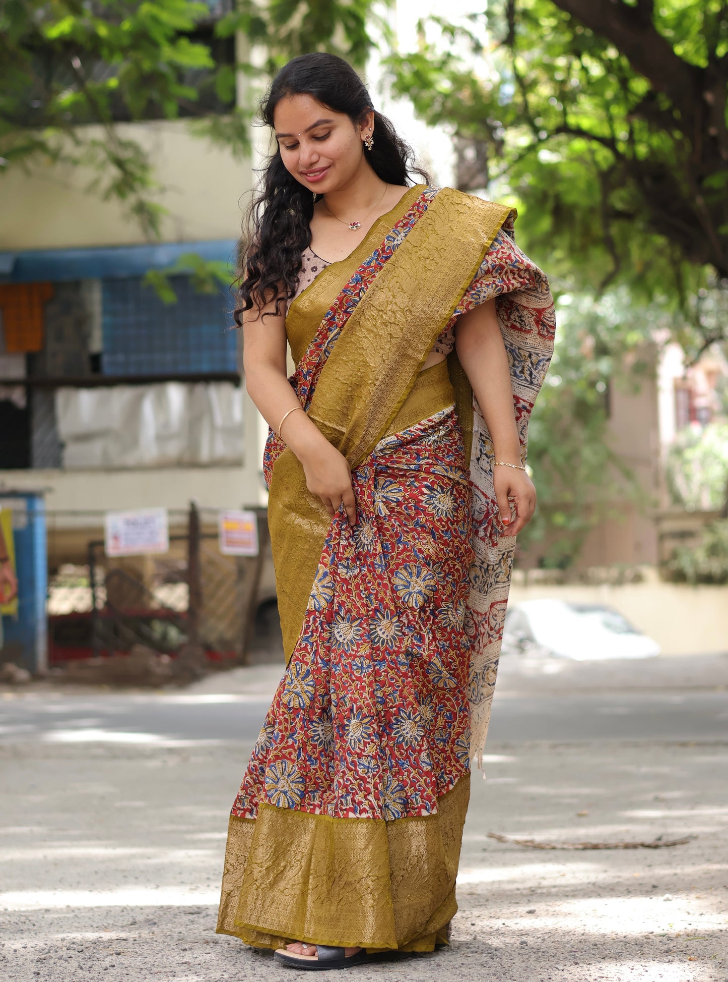 Red & Green Kuppadam Border Kalamkari Uppada Silk Saree