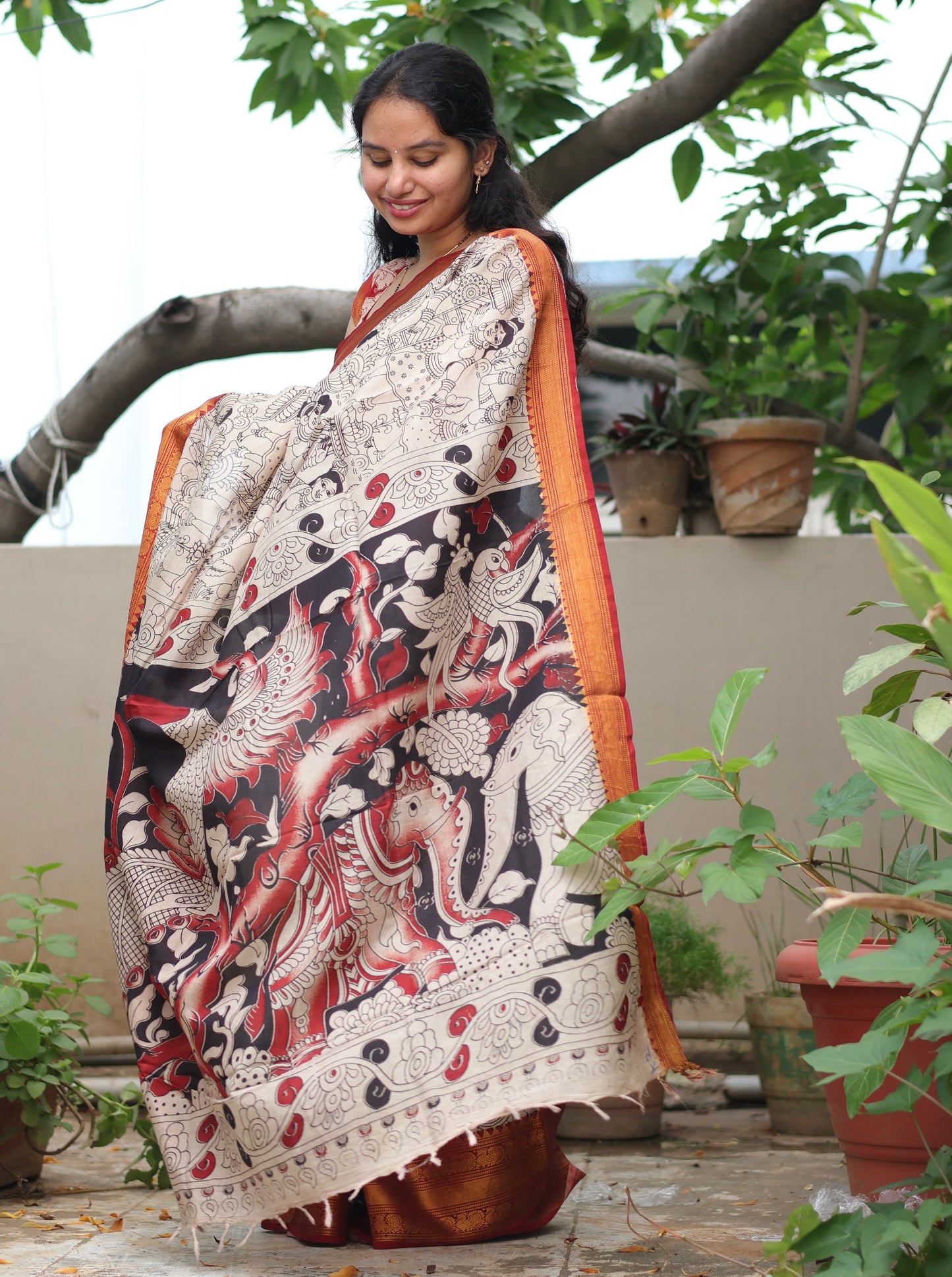 Cream Outline Kanchi border Kalamkari chennur silk saree