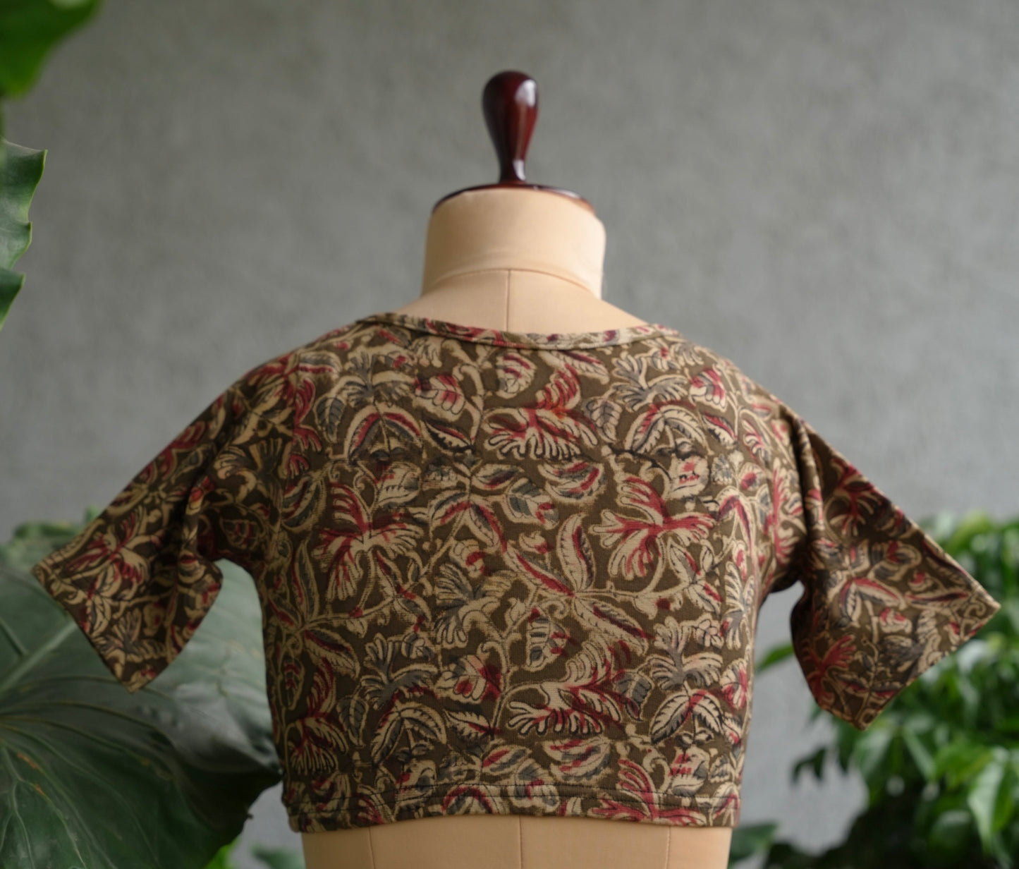 Olive Green Round Neck Stretchable Hand block printed kalamkari blouse