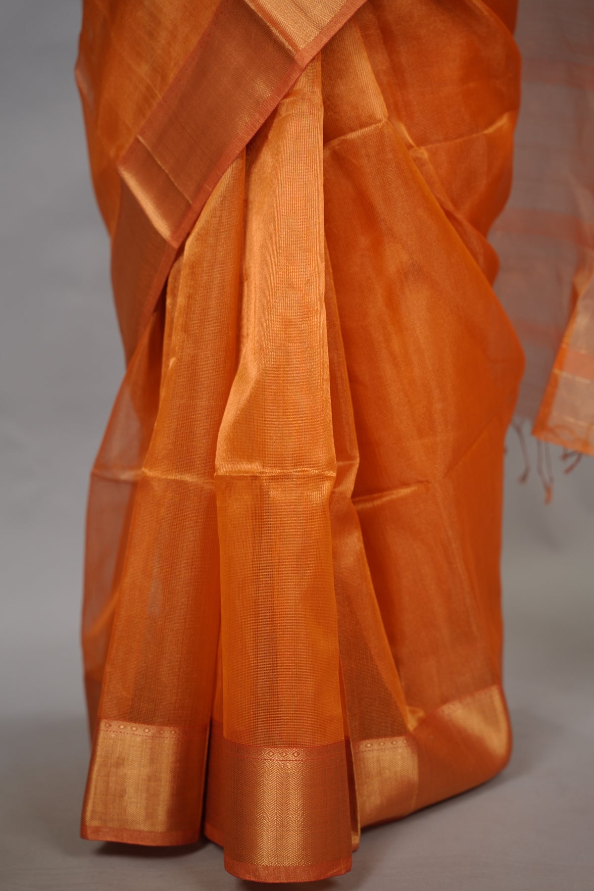 Orange Checks Handloom Maheswari Tissue Silk Cotton Sarees | Looms & Tassels