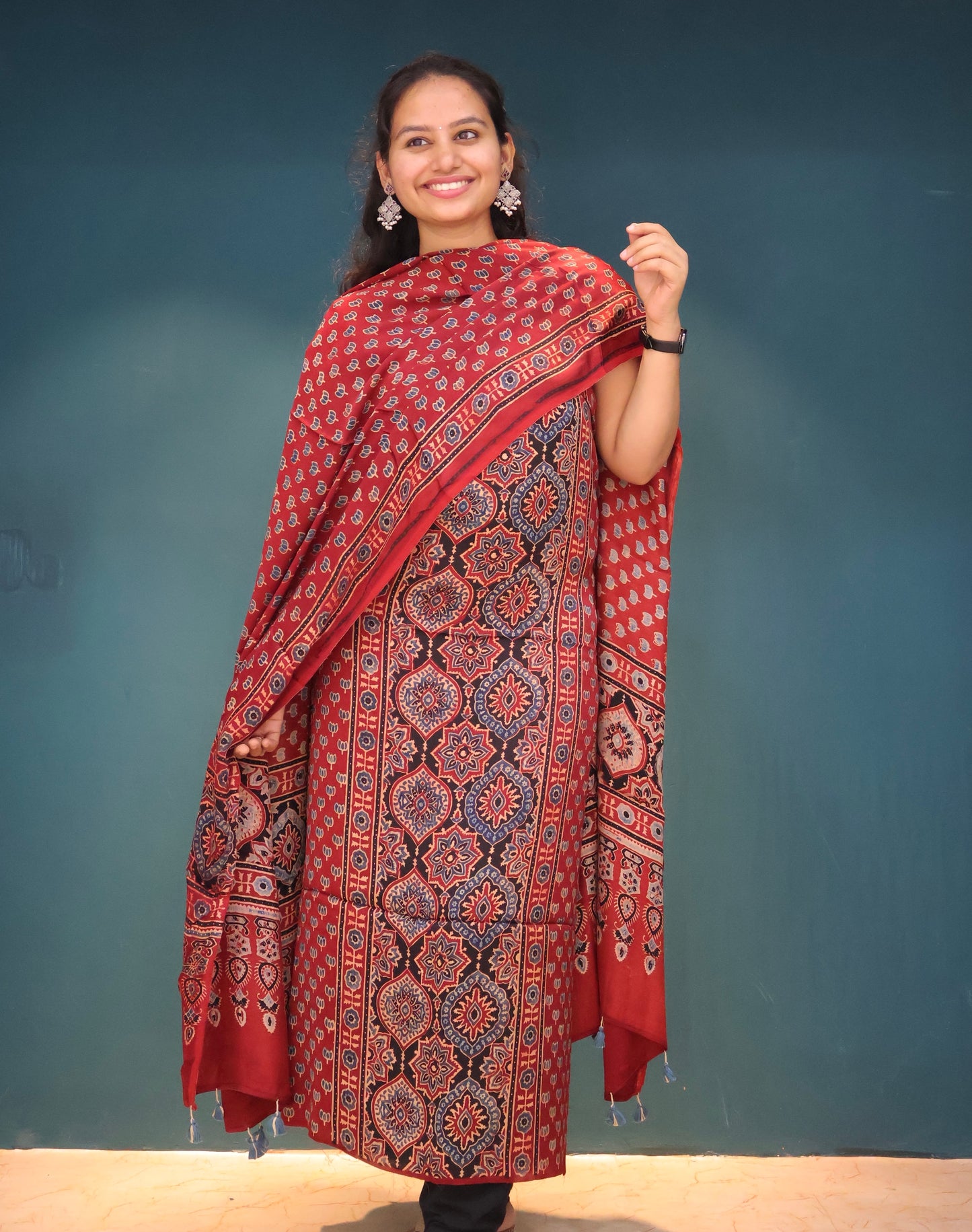 Red Handblock printed Ajrakh modal silk 2 piece suit set
