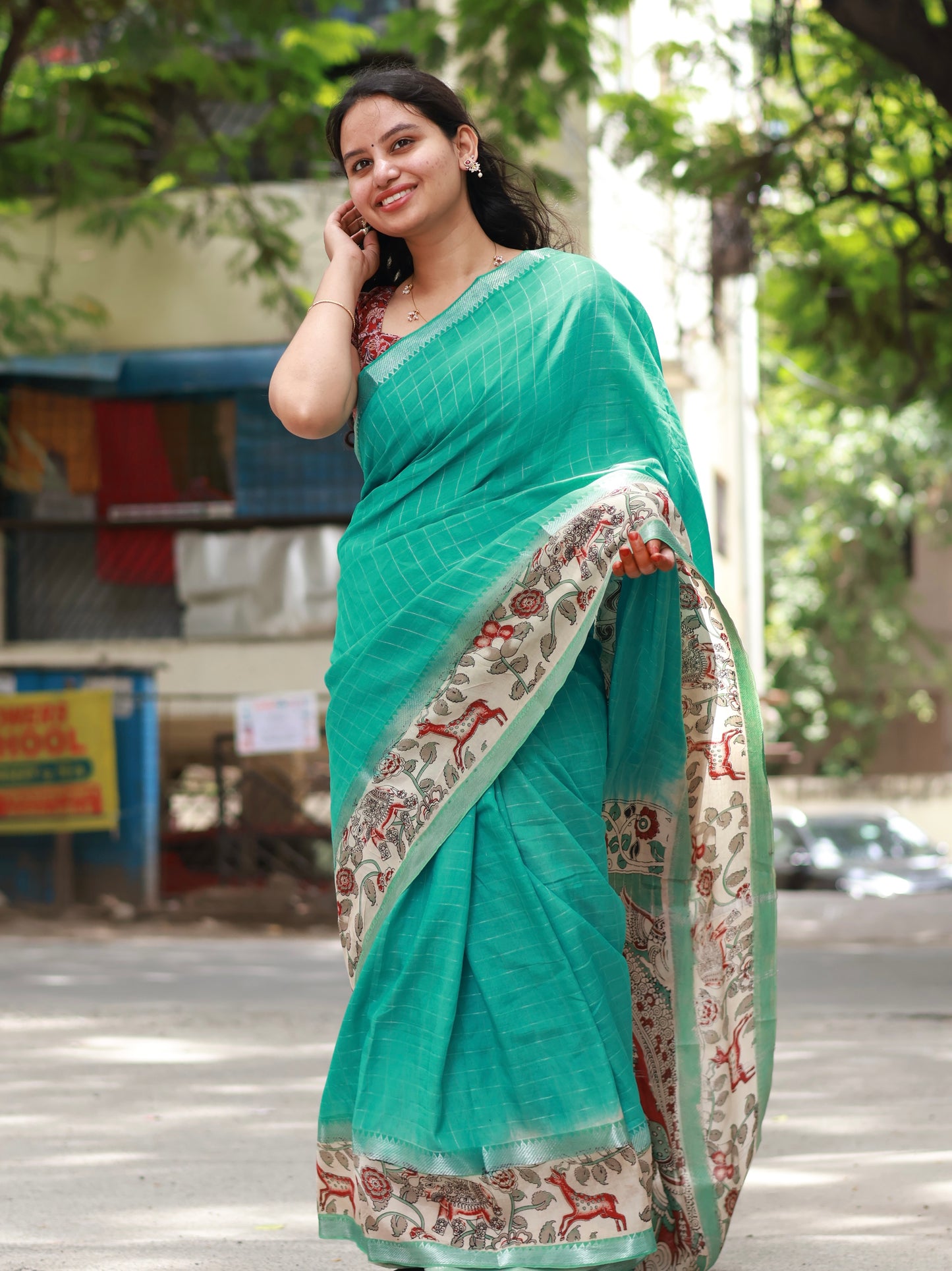 Sea Green Checks Kalamkari dyeing premium chennur silk saree