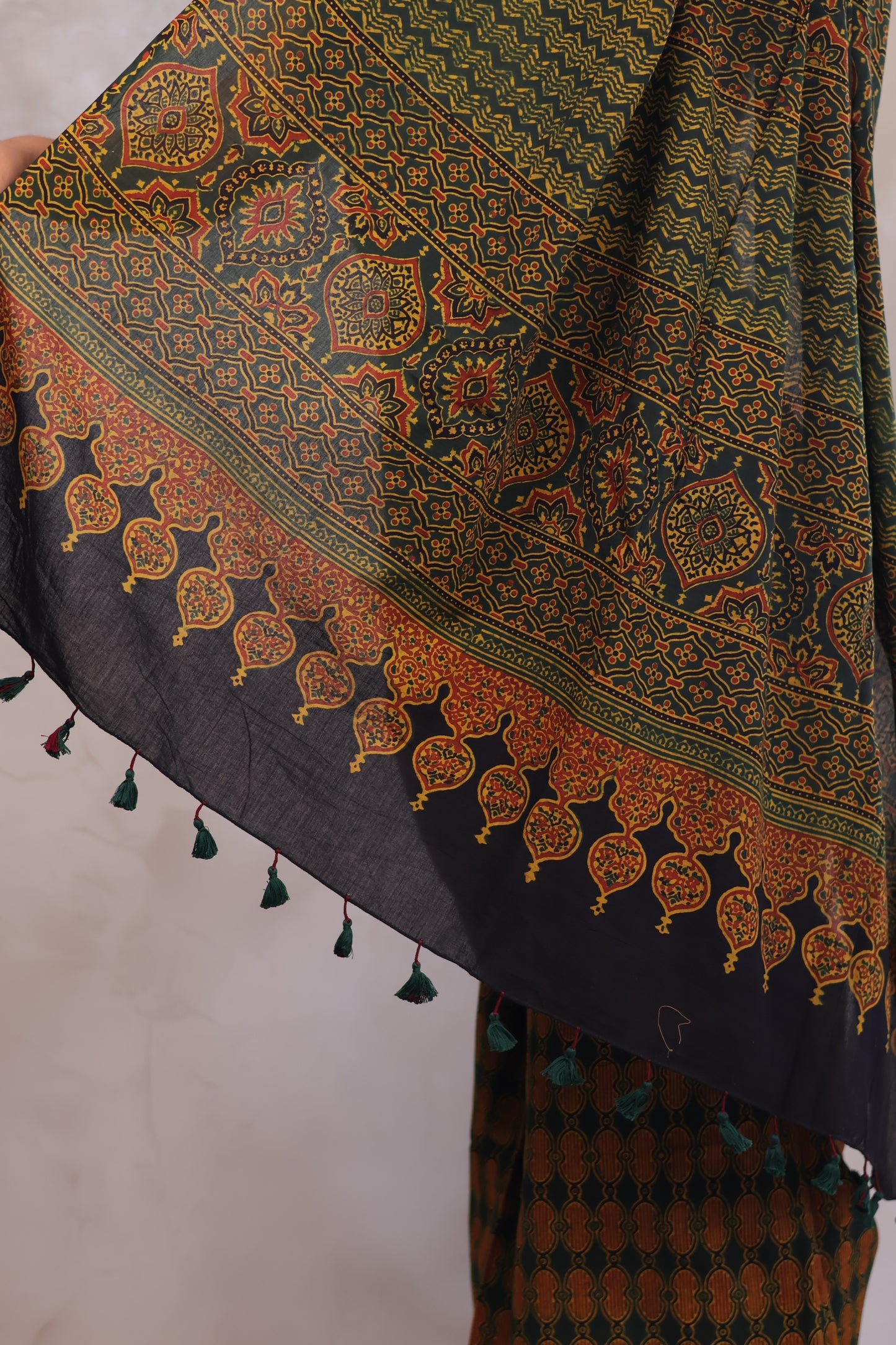 Green Ajrakh Hand Block Printed Mul Cotton Saree | Looms & Tassels
