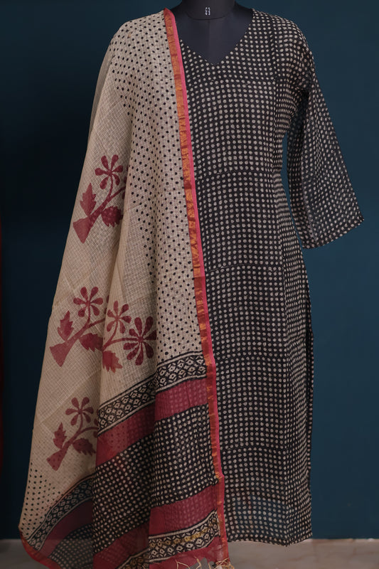 Black Handblock printed kota 3 piece suit (stitched)