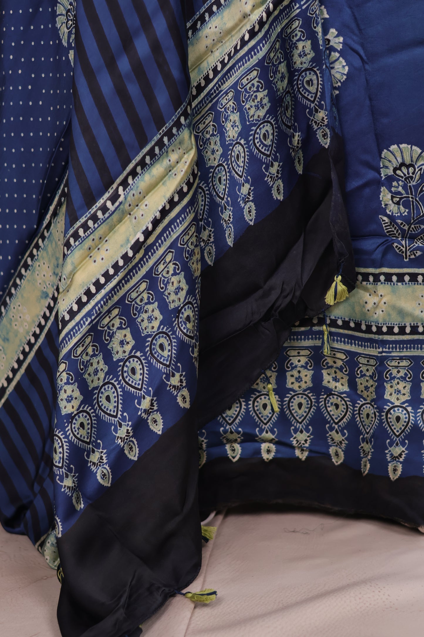Indigo Ajrakh Handblock Printed Modal Silk 2 Piece Suit Set | Looms & Tassels