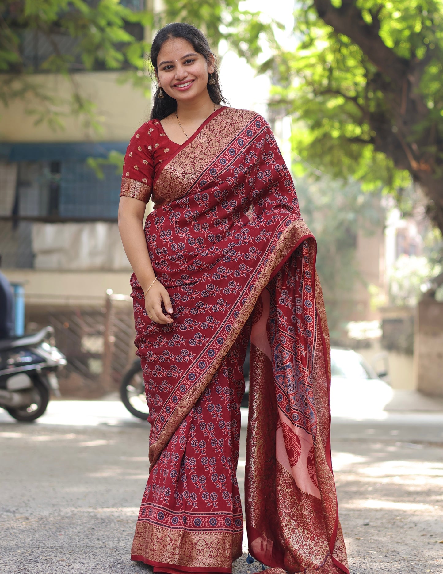 Maroon butta Ajrakh Dola Silk Saree