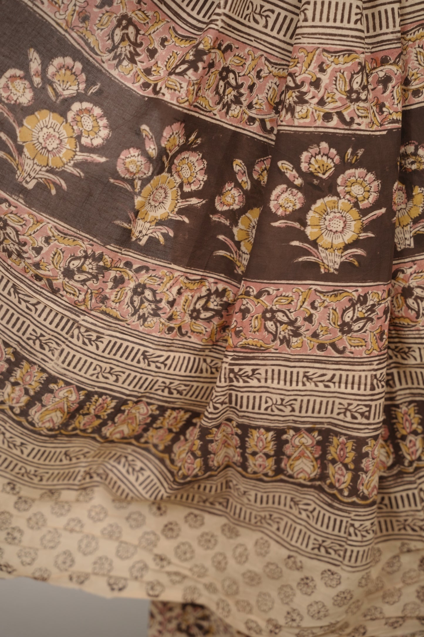 Cream Hand Block Printed Kalamkari Cotton Saree | Looms & Tassels