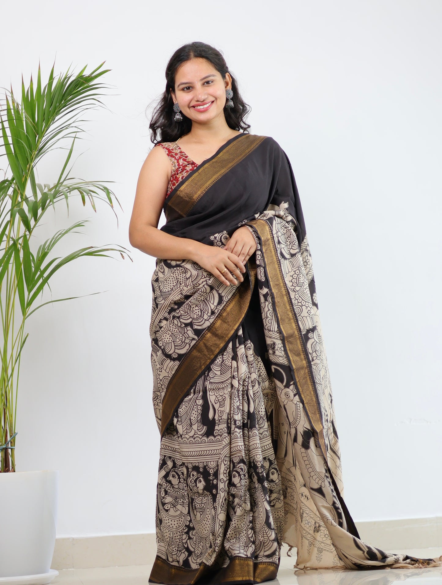 Black Nizam Border Kalamkari Silk Saree