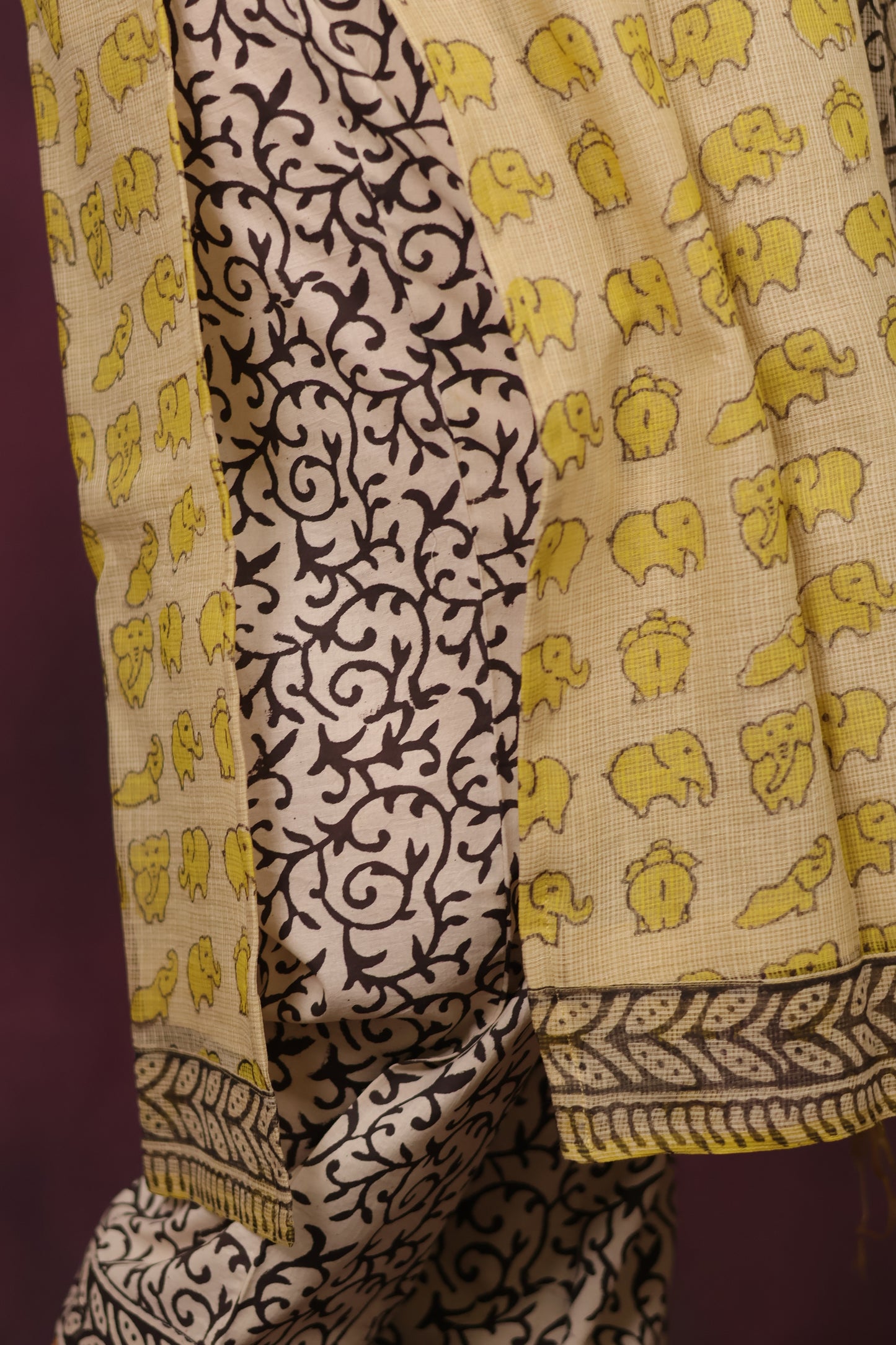 Cream & Yellow Elephant Handblock printed kota 3 piece suit (stitched)