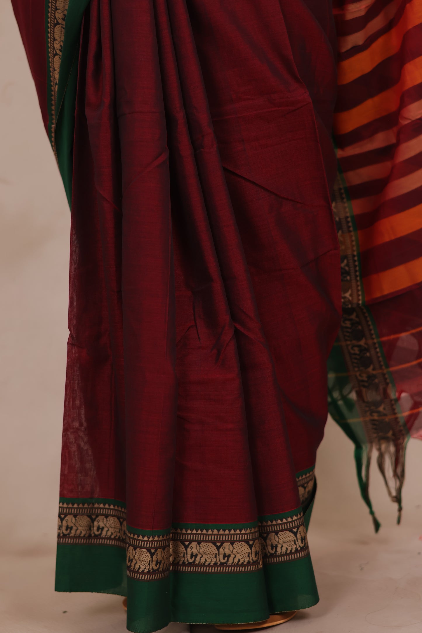 Maroon Narayanpet Cotton Saree with Elephant Border | Looms & Tassels