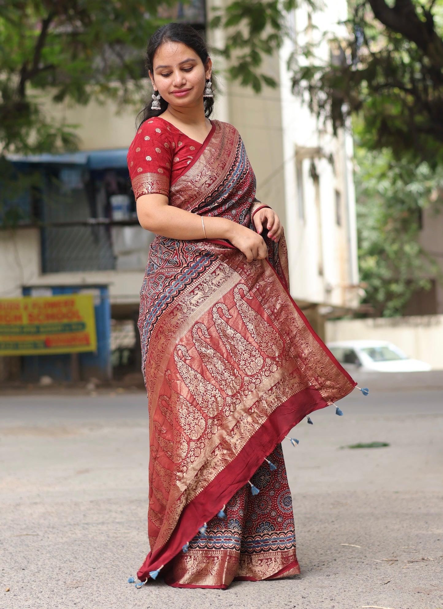 Traditional block printed Ajrakh Dola Silk Saree