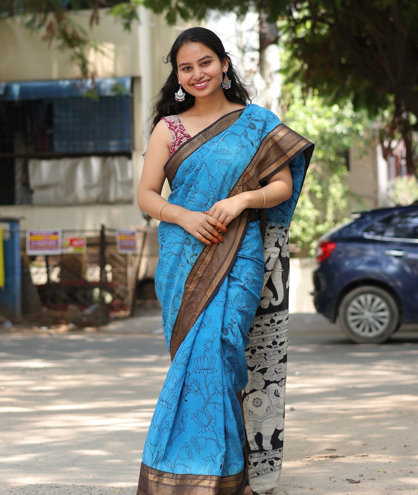 Blue Dyeing Outline kalamkari silk saree