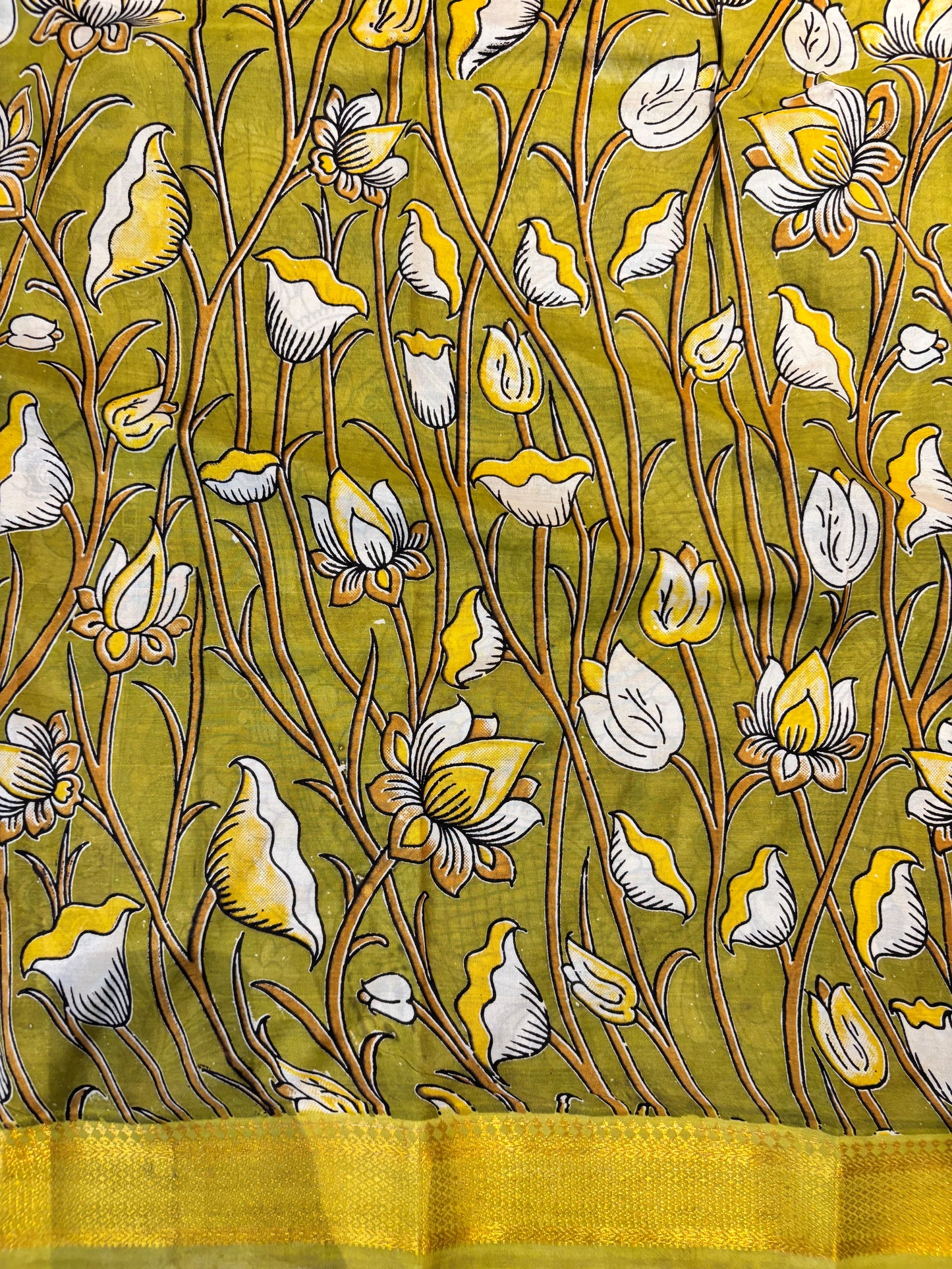 Cream & Mustard Floral Kalamkari Silk Handcrafted Nizam Border Saree