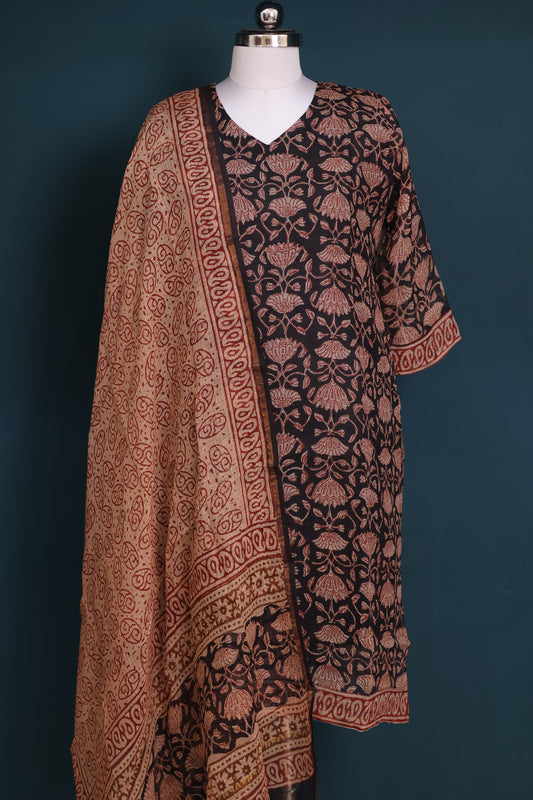 Black Handblock printed kota 3 piece suit (stitched)