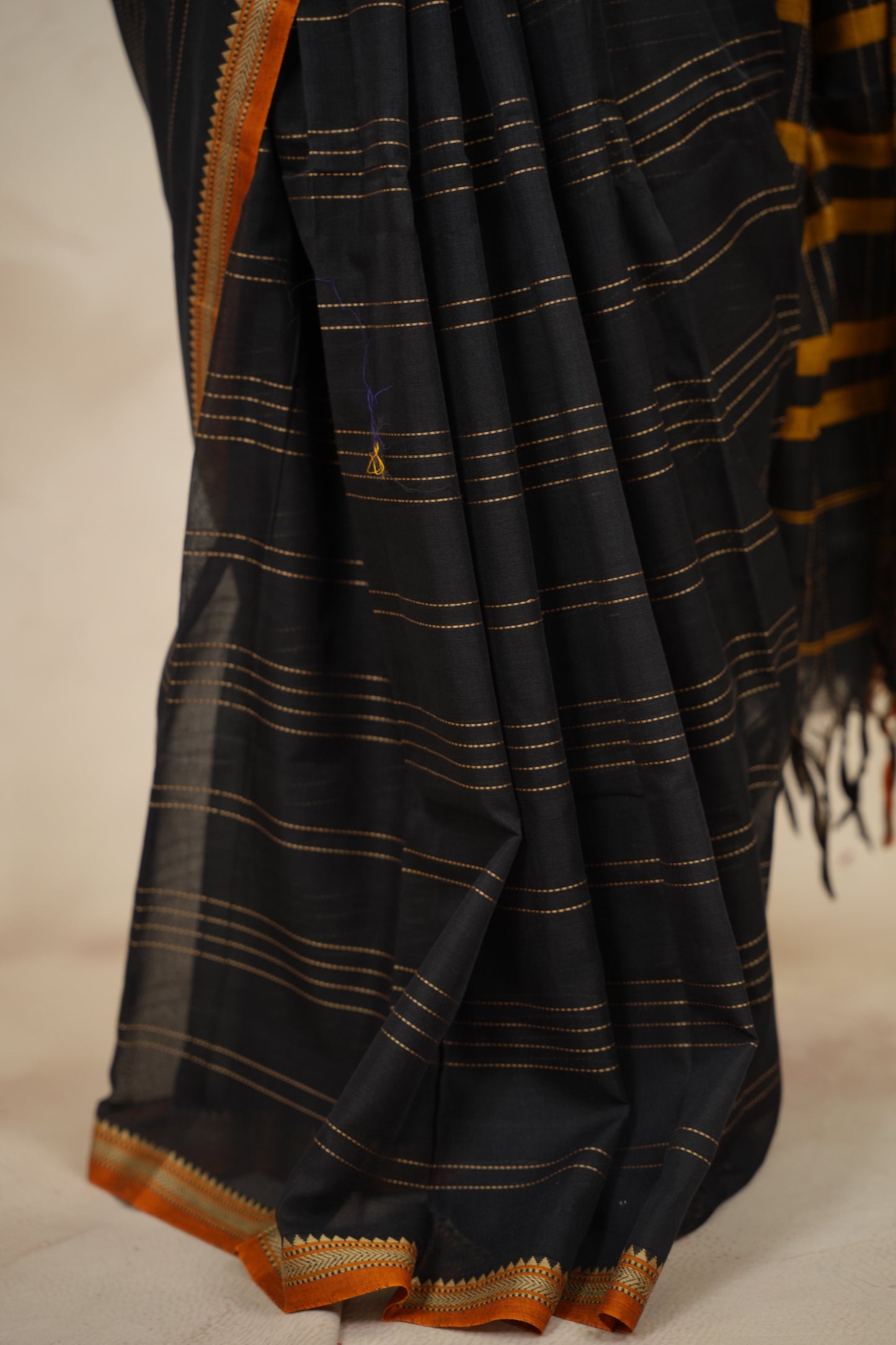 Black Narayanpet Cotton Saree lines weaving | Looms & Tassels