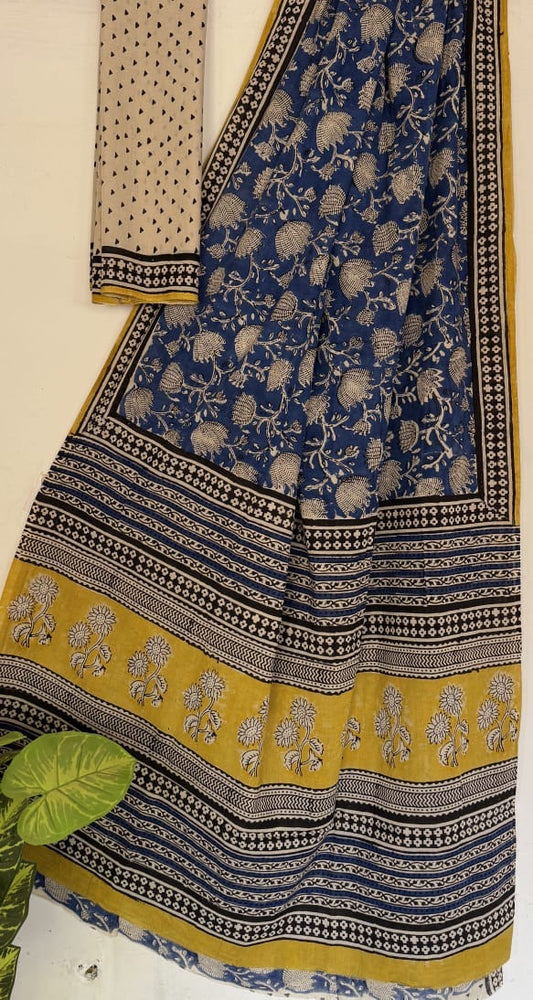 Blue Bagru Handblock printed MulMul cotton saree
