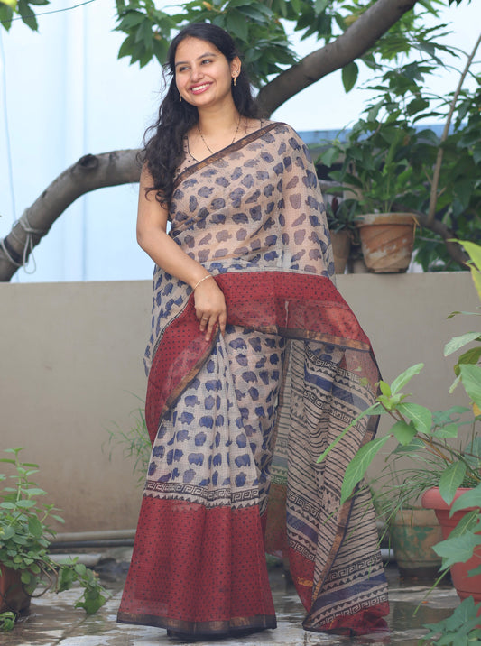 Bagru Hand block printed Kota Doriya Saree