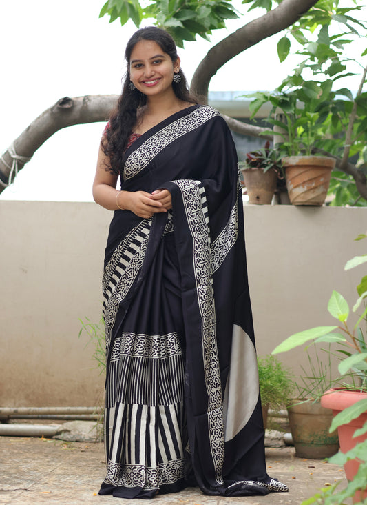 Black Ajrakh Modal Silk Saree