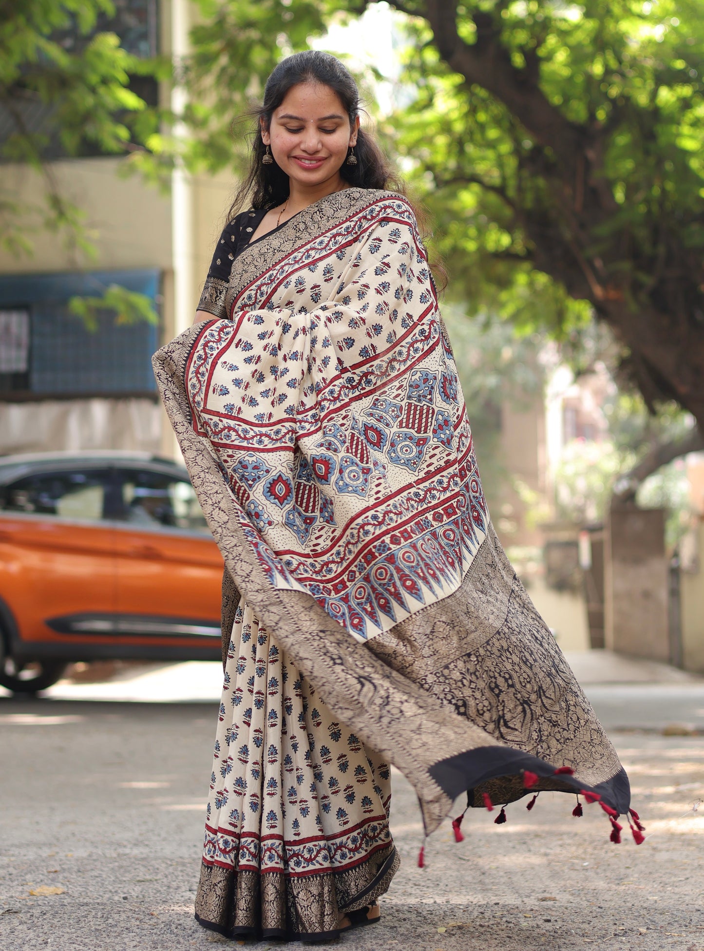Ajrakh Dola Silk Saree