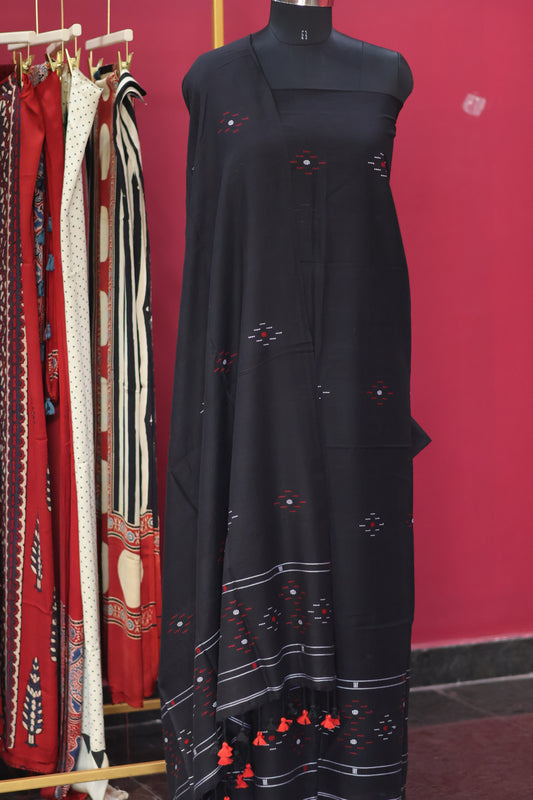Black Handwoven weaving butta pure Malai cotton 2 piece suit sets