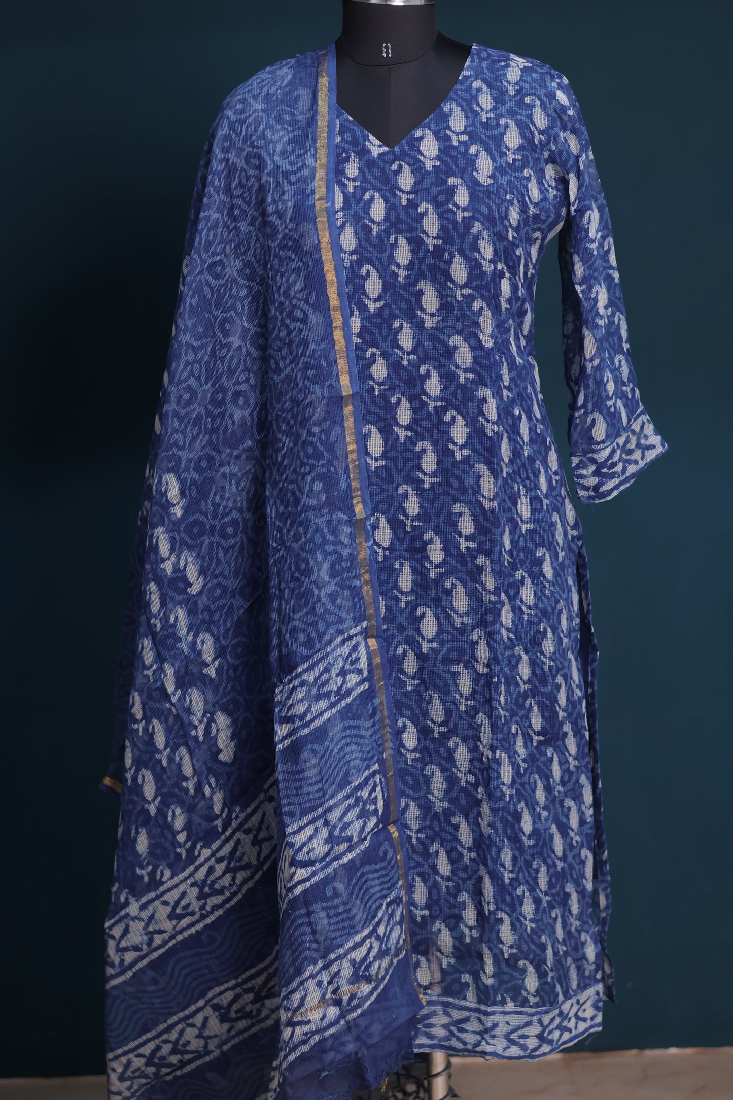 Indigo Handblock printed kota 3 piece suit (stitched)
