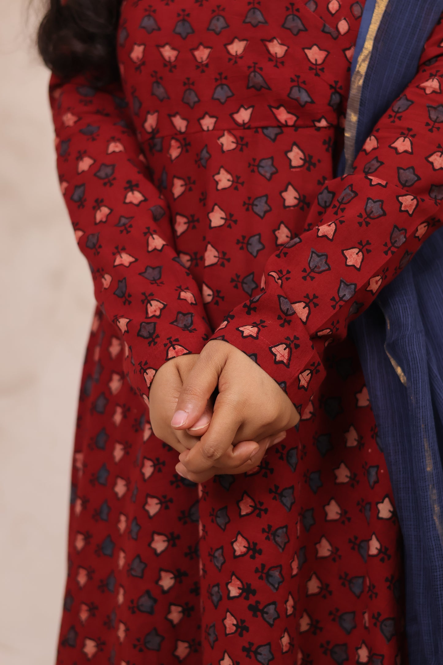 Maroon Pure Cotton Ajrakh Hand Block Printed Angarkha Kurta with Kota Dupatta | Looms & Tassels