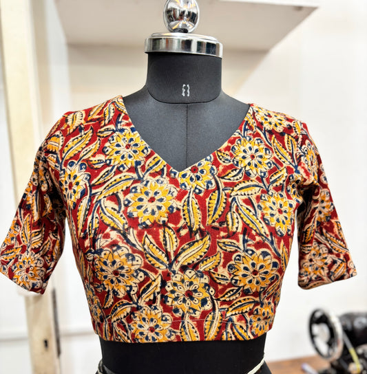 V neck Stretchable Hand block printed kalamkari blouse