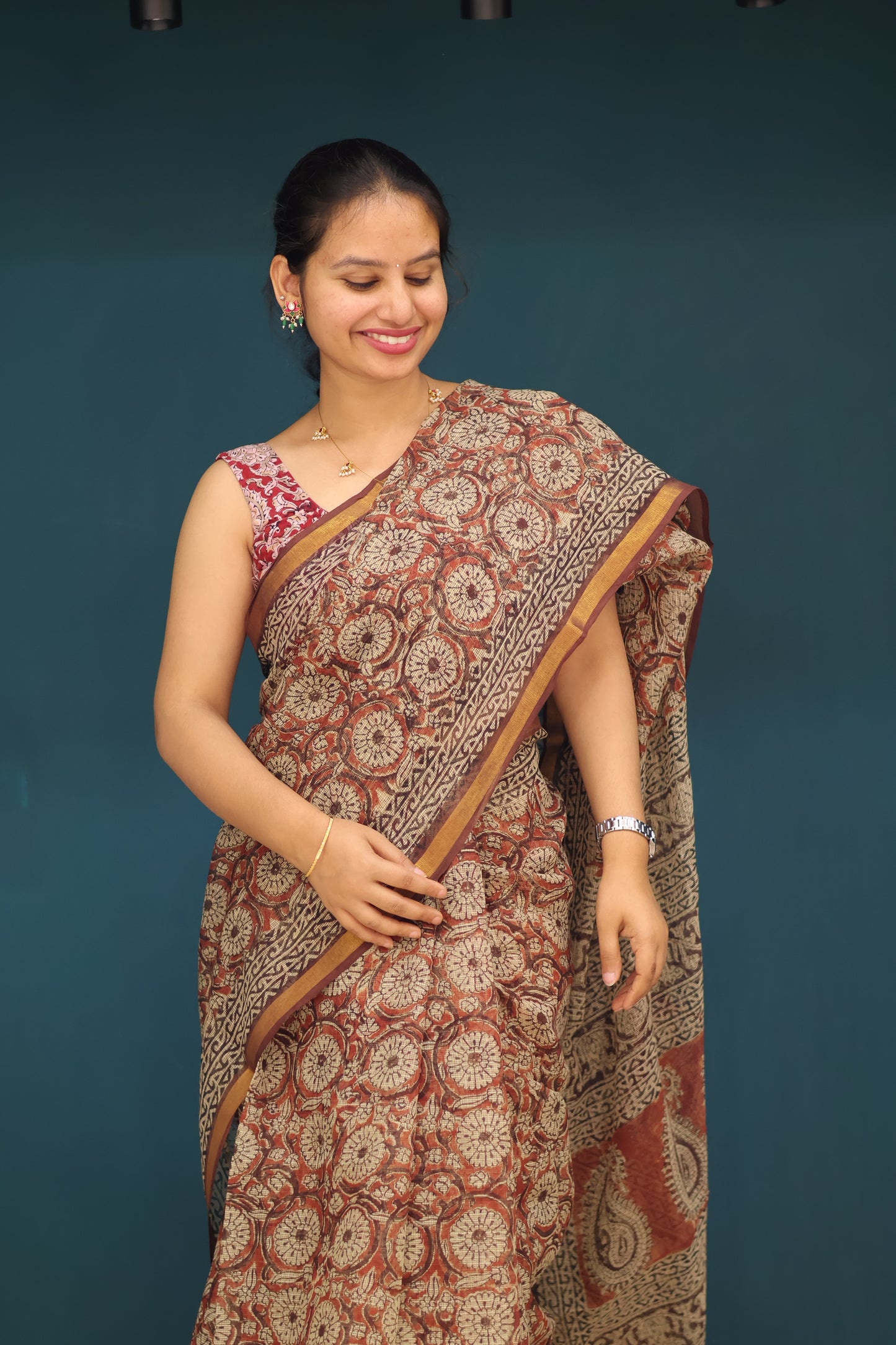 Kalamkari Hand block printed Kota Doriya Saree