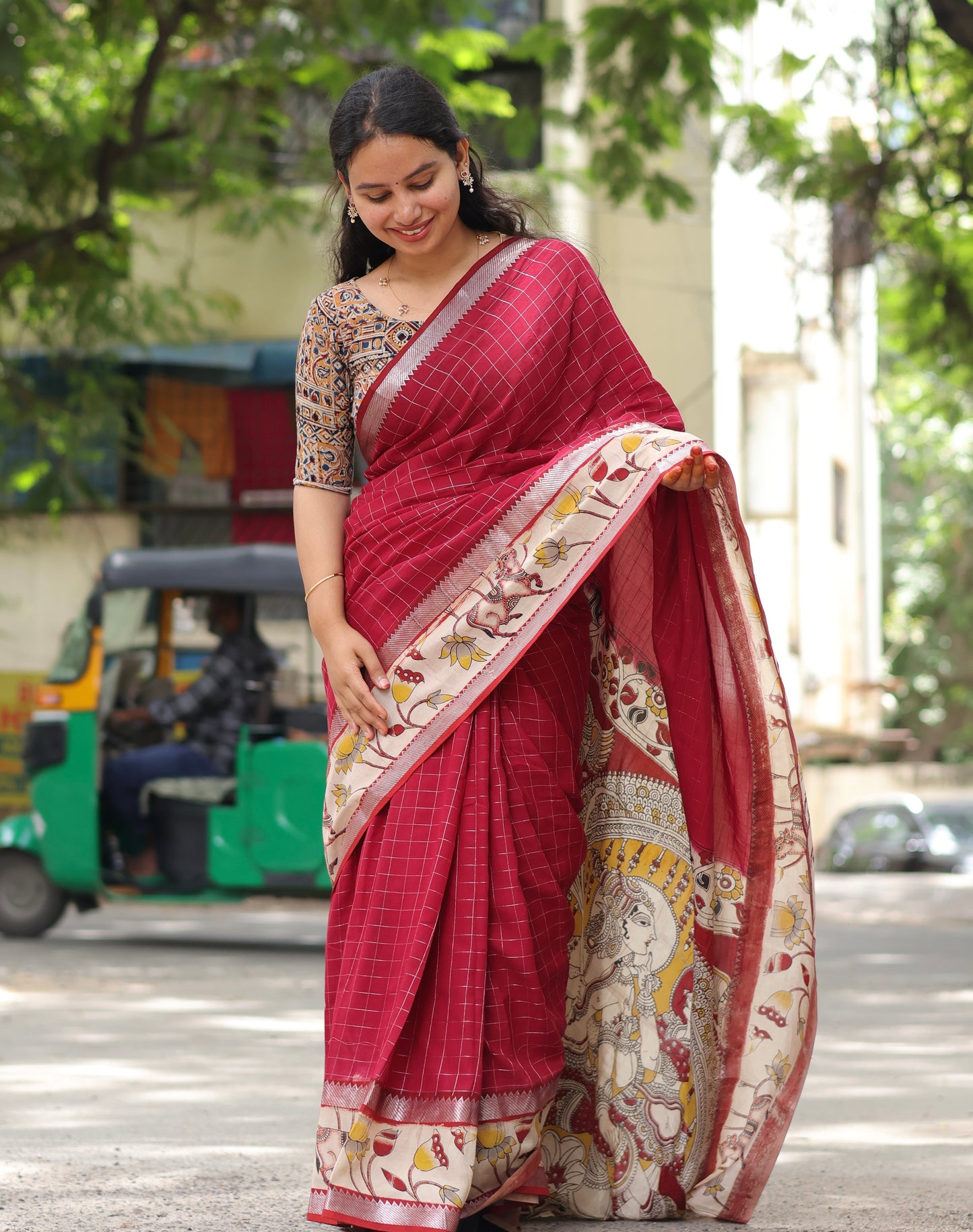 Maroon Checks Kalamkari dyeing premium chennur silk saree