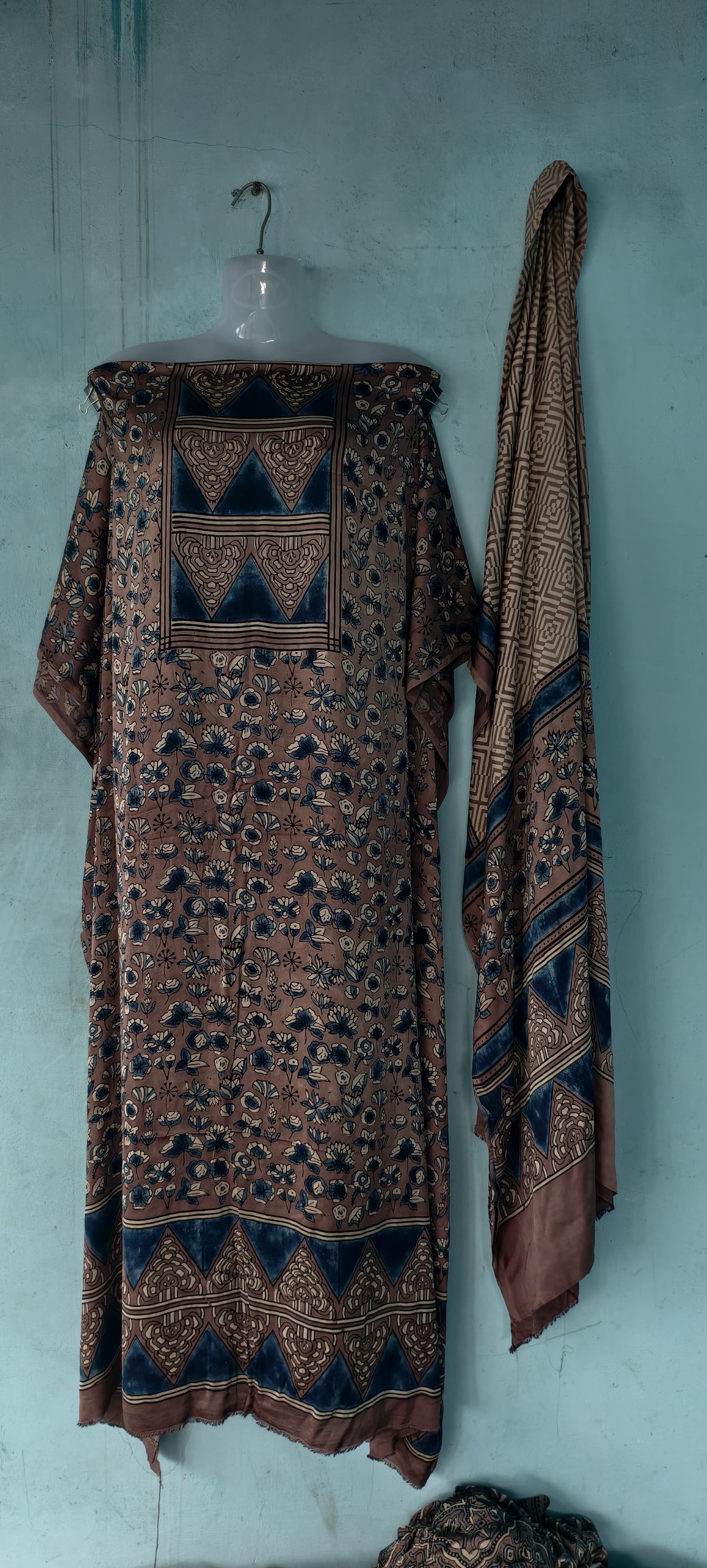 Handblock printed Ajrakh modal silk 2 piece suit set