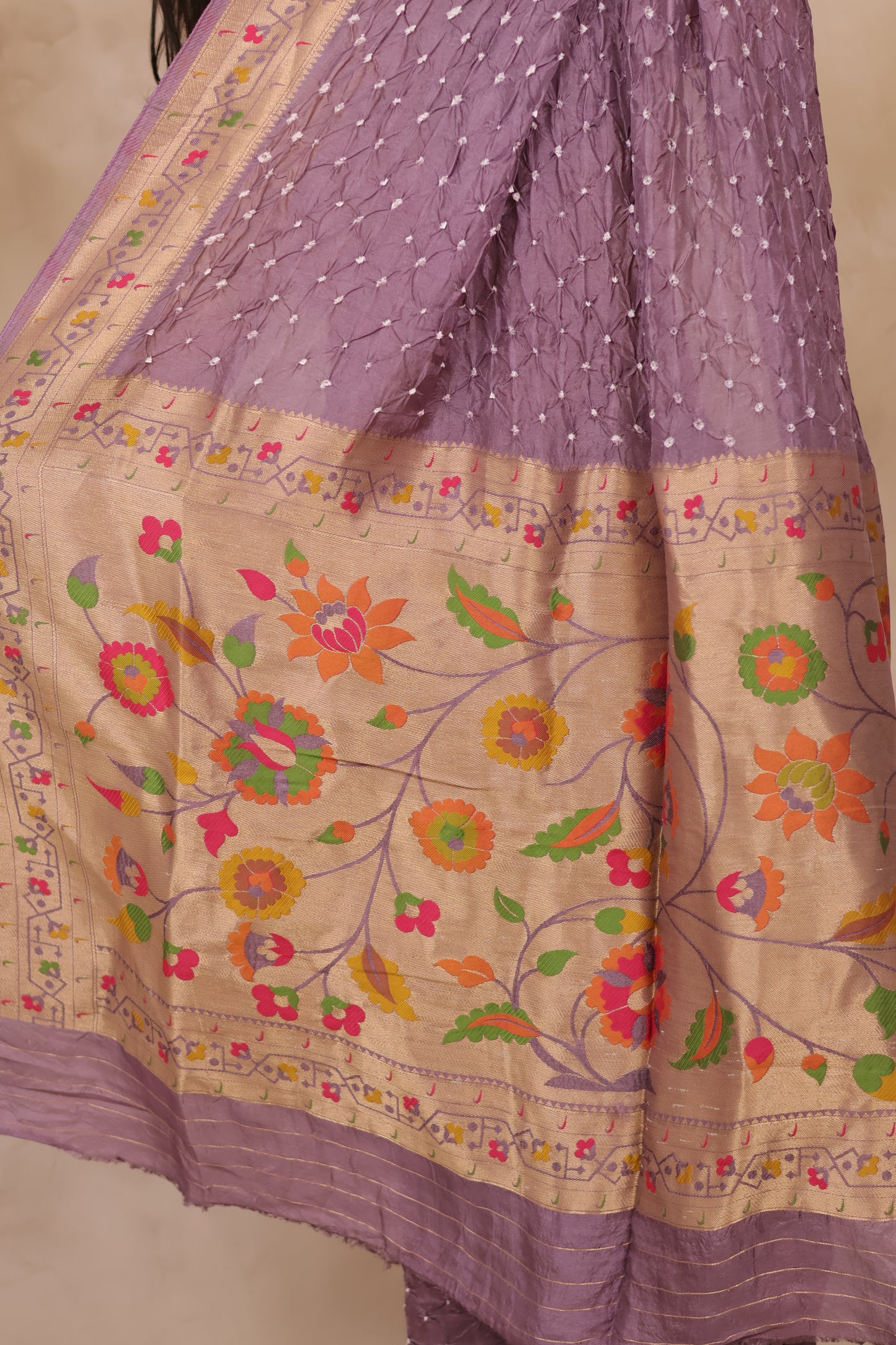 Dusty Lavender Handcrafted Bandhani Paithani Dola Silk Saree | Looms & Tassels