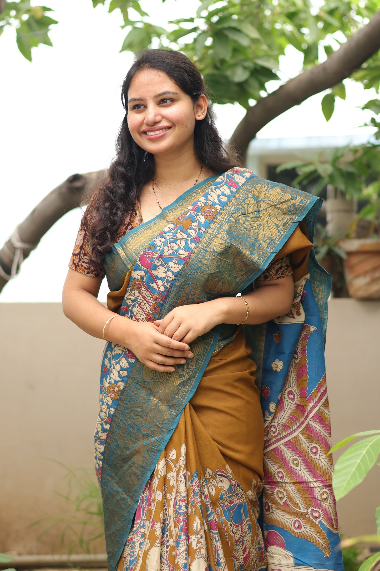 Mustard Kanchi border Kalamkari chennur silk saree