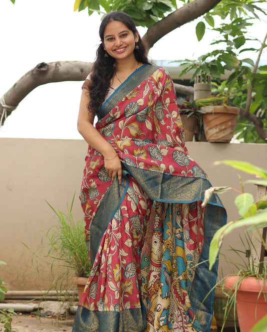 Pink Kanchi border Kalamkari chennur silk saree