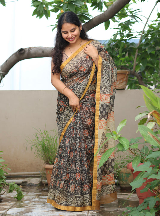 Bagru Hand block printed Kota Doriya Saree