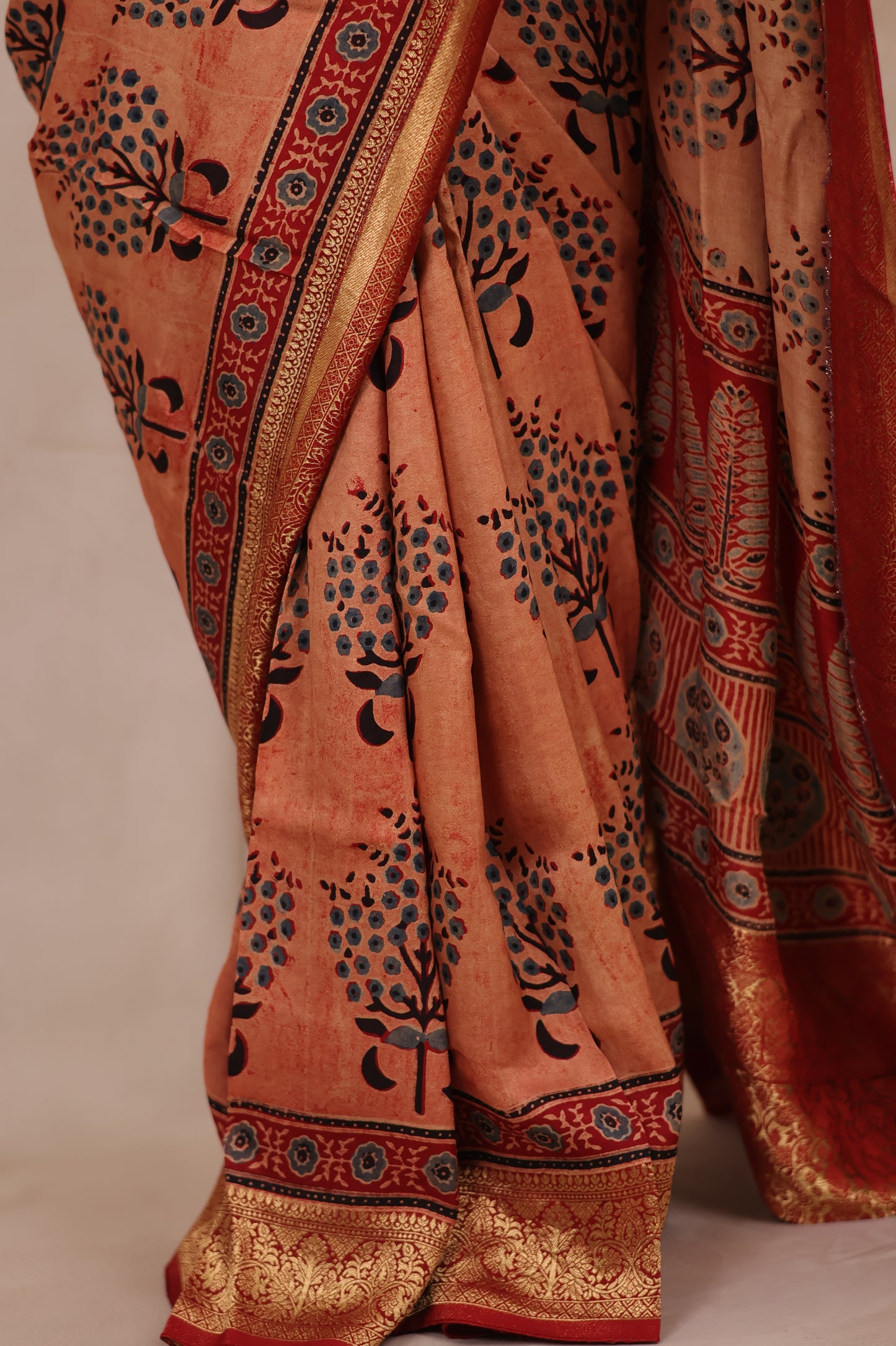 Onion Pink Ajrakh Handblock printed Dola Silk Saree | Looms & Tassels