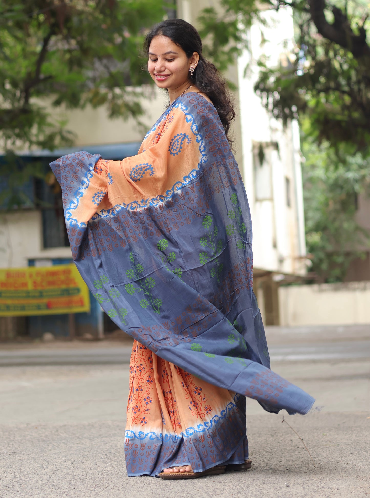 Hand dyeing premium chennur silk with block prints saree