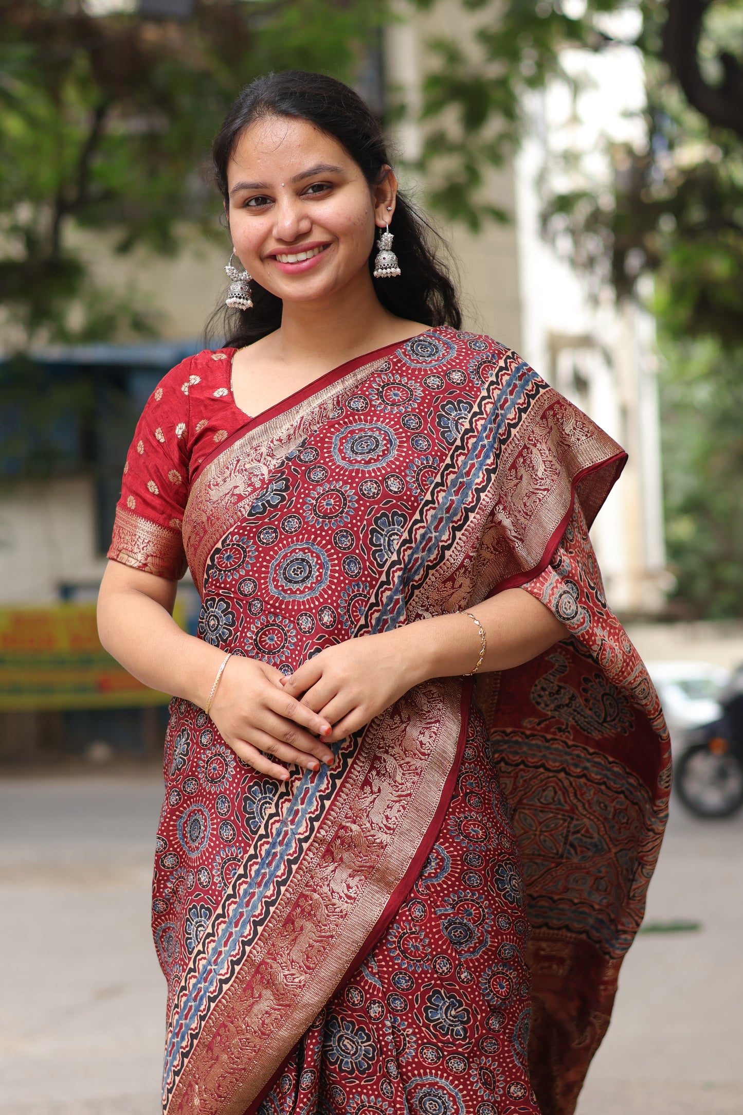 Traditional block printed Ajrakh Dola Silk Saree