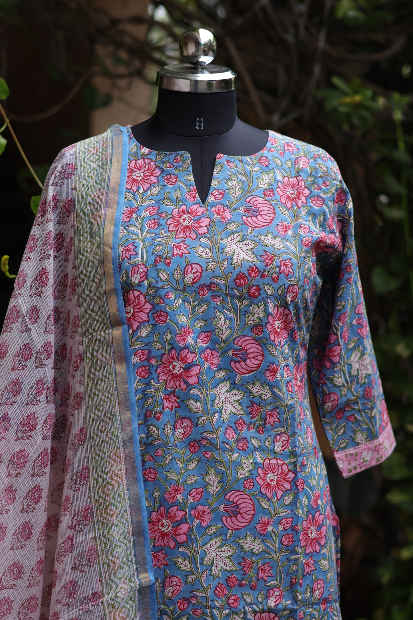 Blue Handblock printed Pure Mul Cotton with Kota Doria Duppata 3 piece suit (stitched)