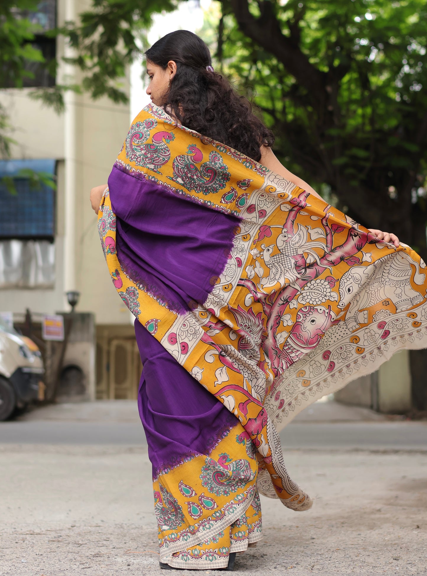Violet & Yellow Kalamkari dyeing premium chennur silk saree