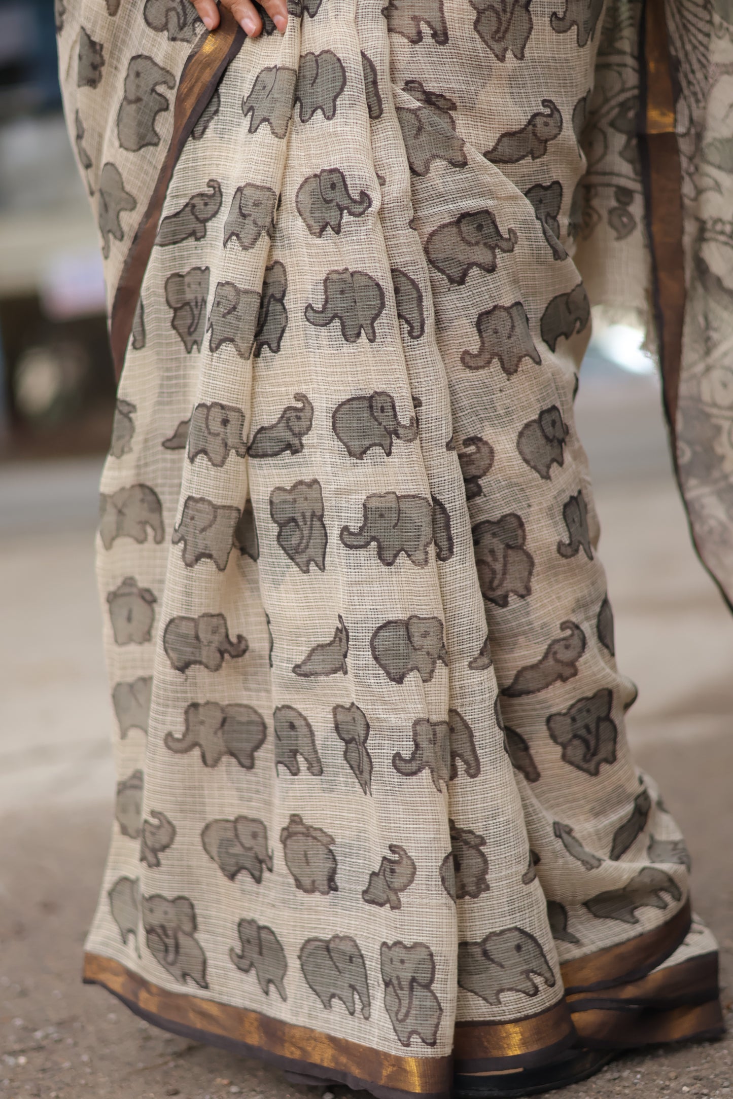 Grey Kalamkari printed Kota Doriya Saree