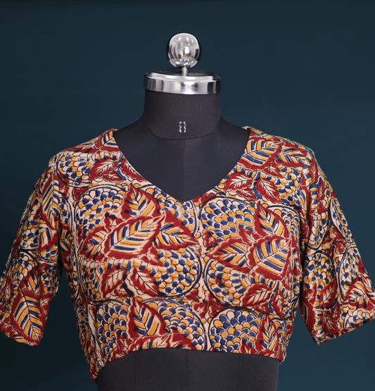 V neck Stretchable Hand block printed kalamkari blouse
