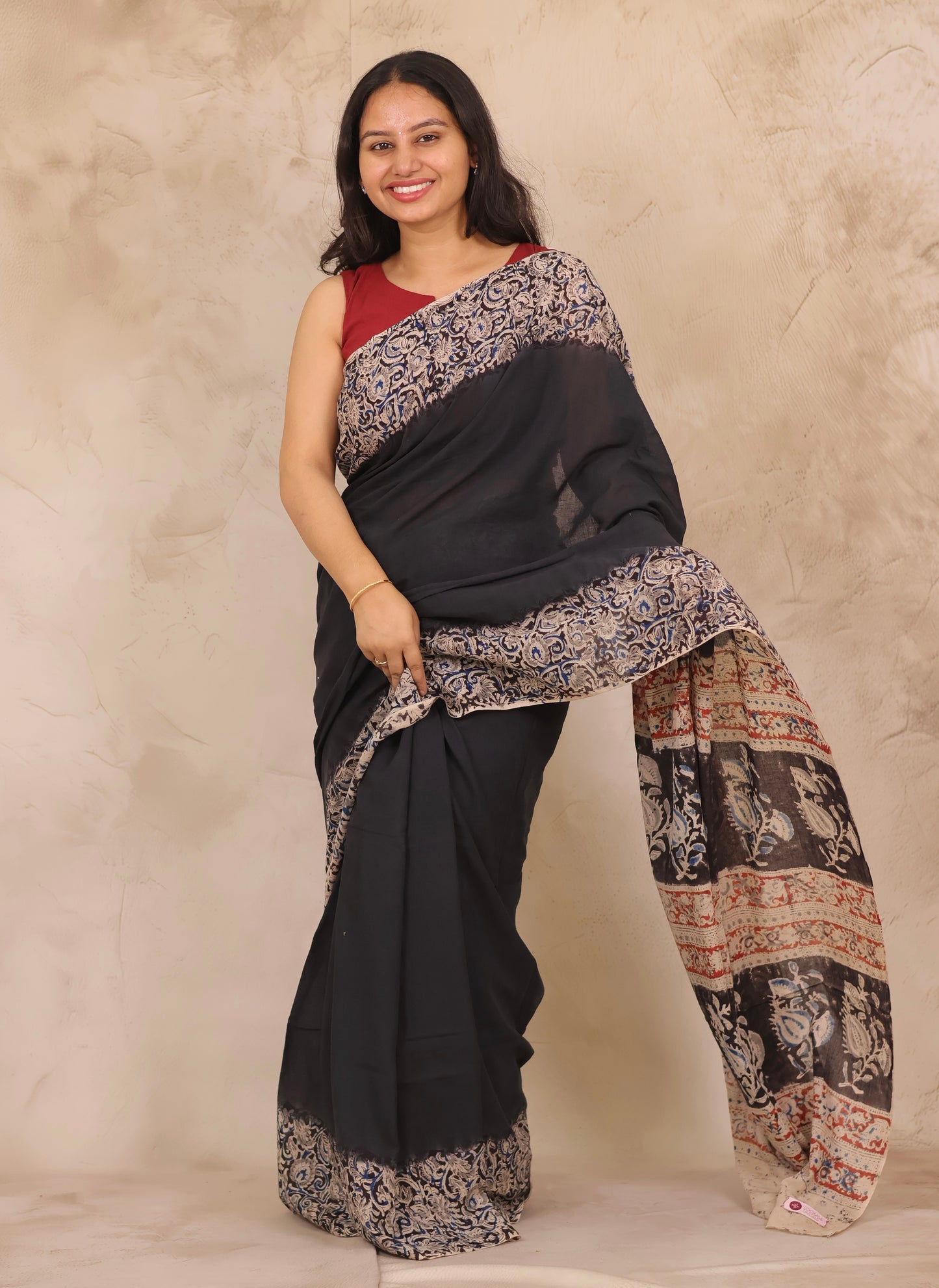 Black Hand Block Printed Kalamkari Cotton Saree | Looms & Tassels