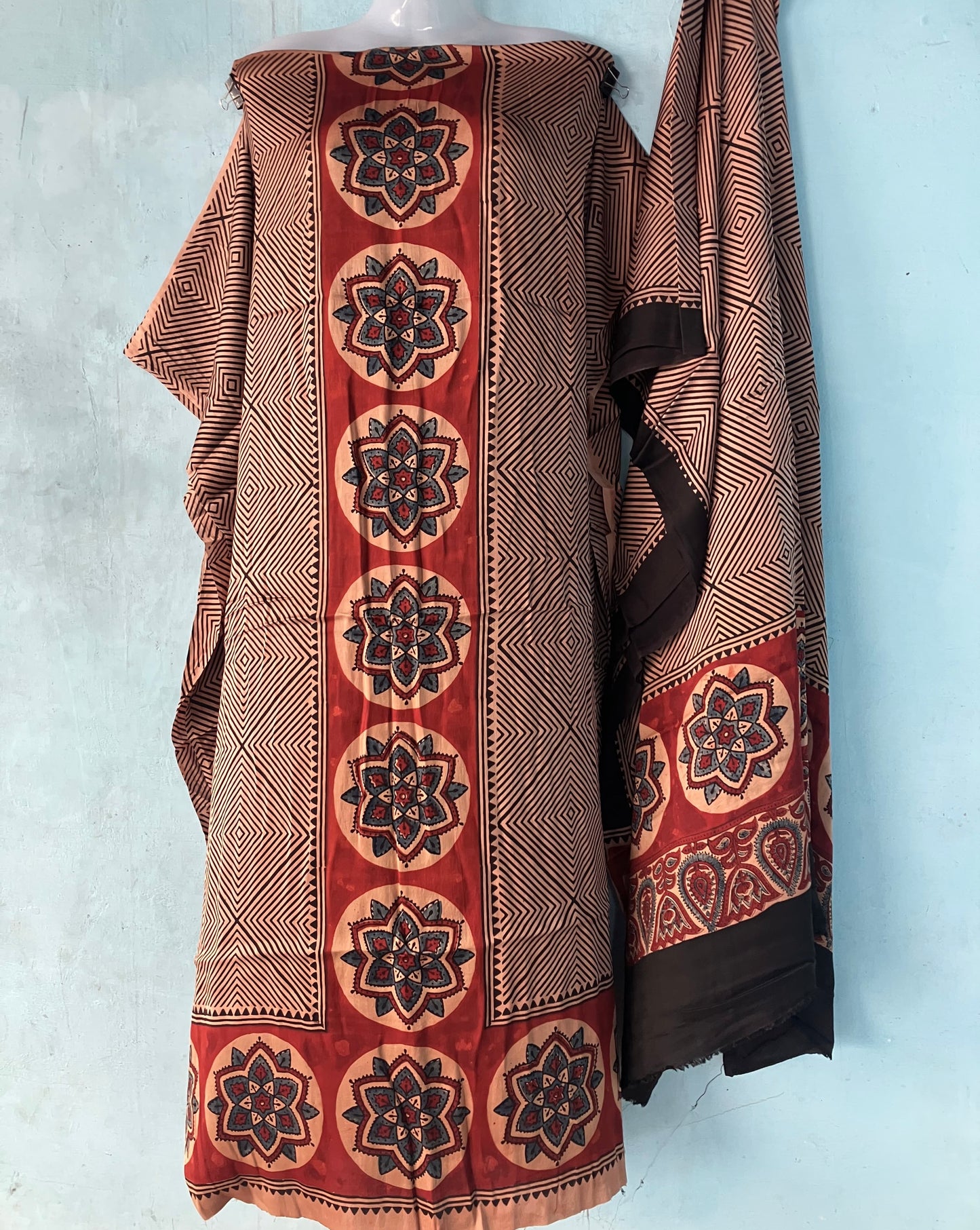 Peach Striped Ajrakh Handblock Printed Modal Silk 2 Piece Suit Set