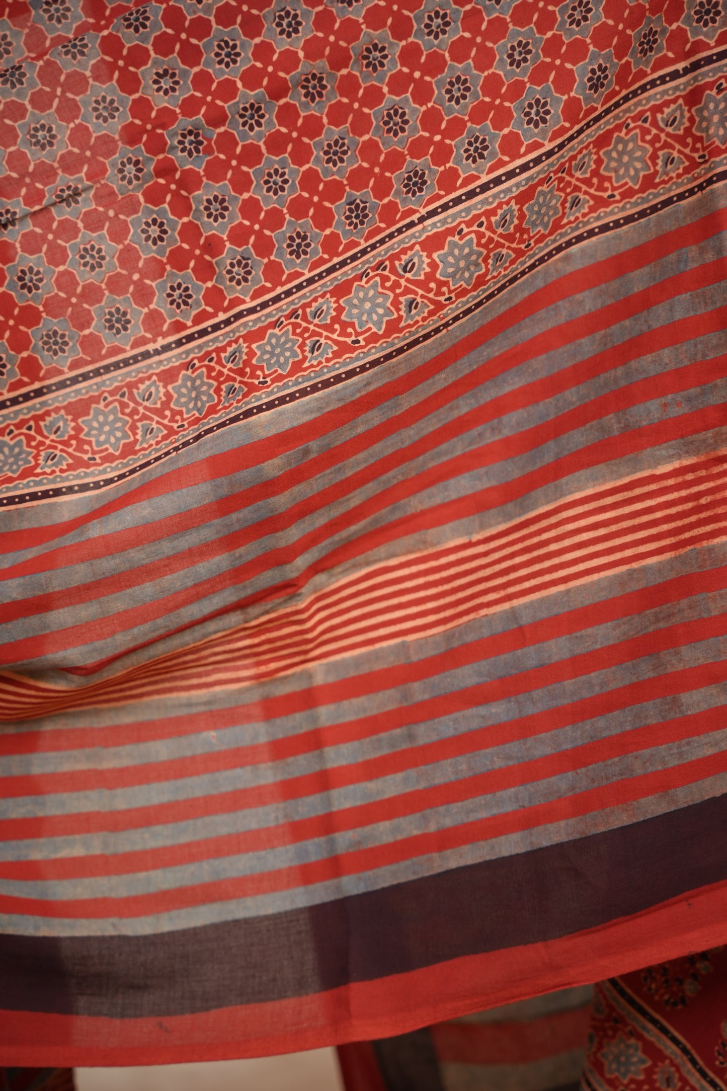Red Ajrakh Hand Block Printed Cotton Saree | Looms & Tassels