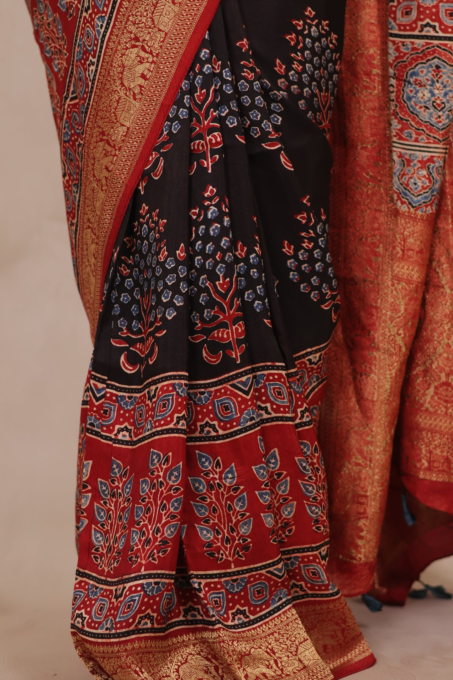 Black & Red Ajrakh Handblock printed Dola Silk Saree | Looms & Tassels