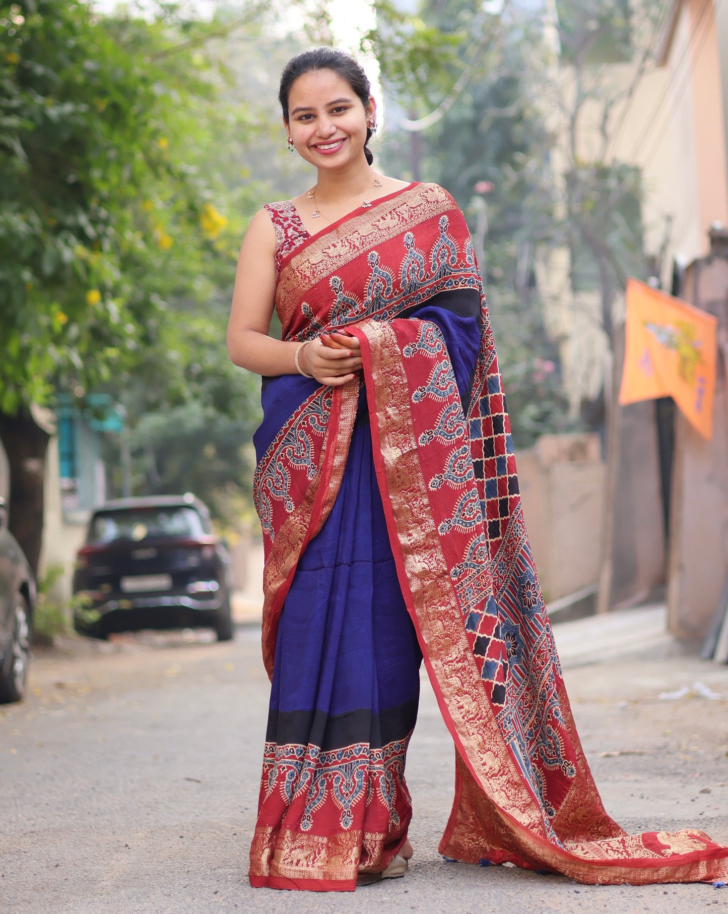 Ajrakh Dola Silk Saree
