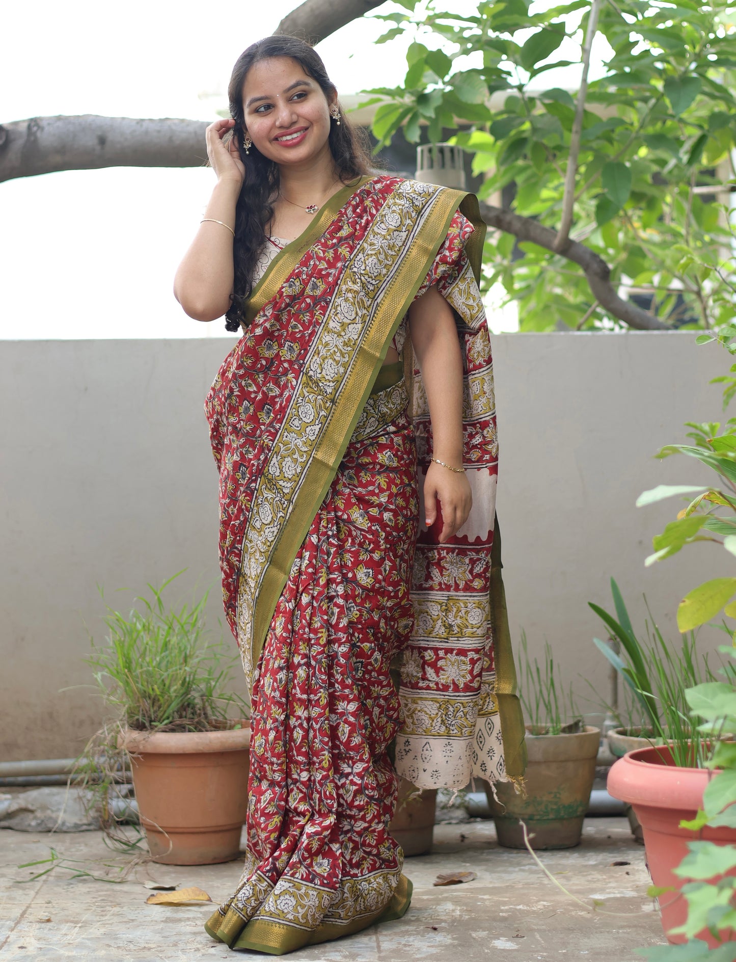 Red Hand Block Printed Kalamkari Nizam Border Silk Sare