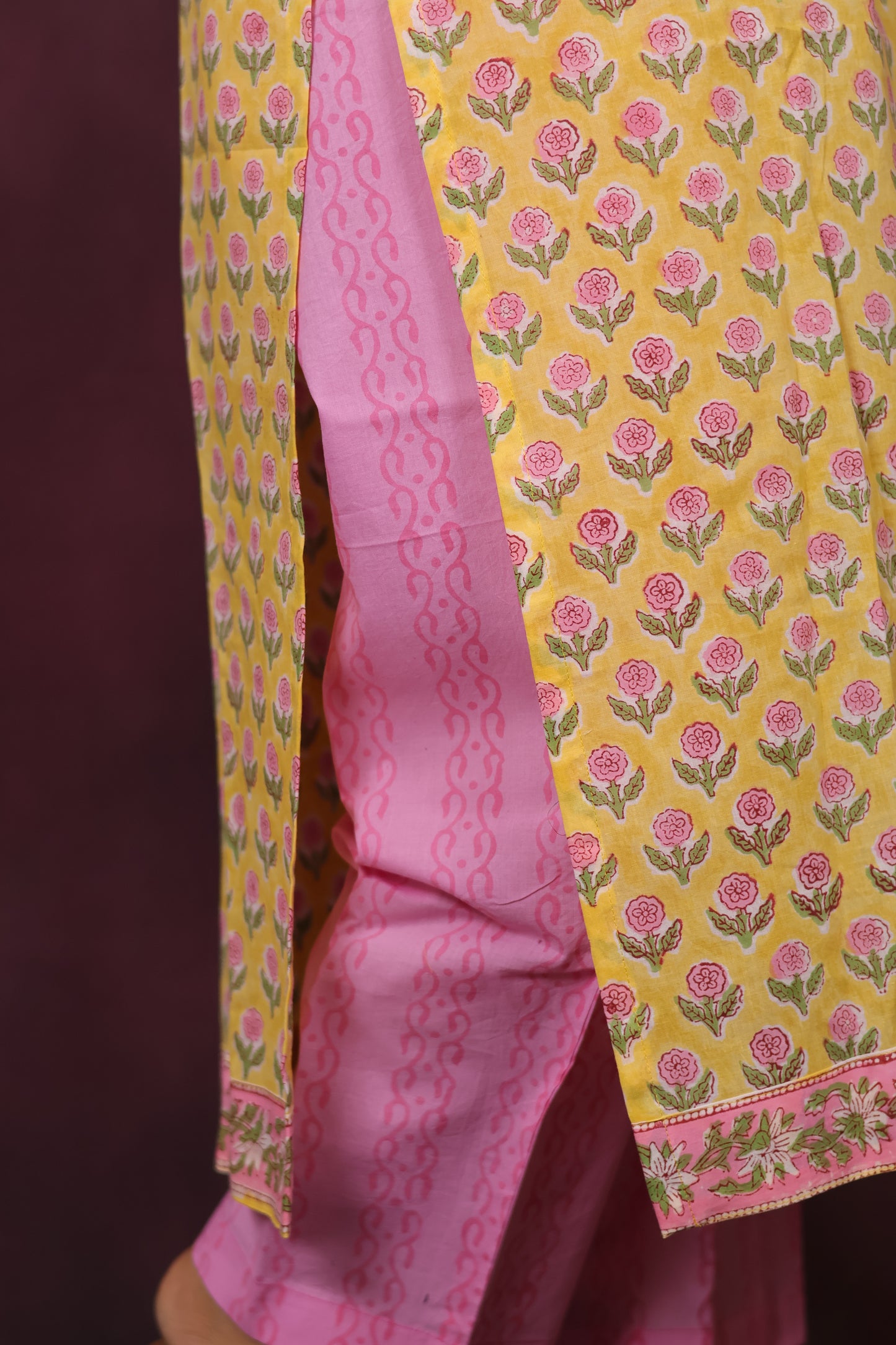 Yellow And Pink Handblock printed Pure Mul Cotton with Chiffon Dupatta 3 piece suit (stitched)